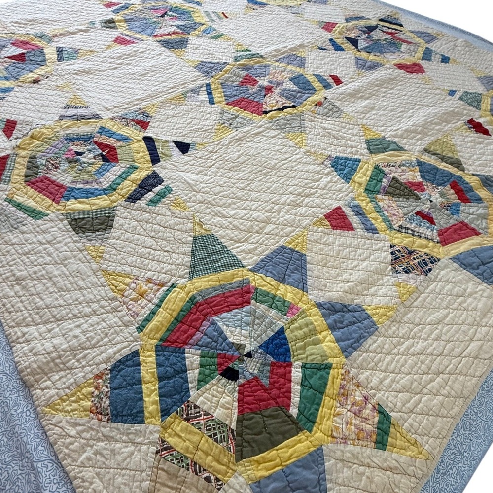 Vintage Handmade Patchwork Quilt Spider Web Wagon Wheel Feed 1930s sack Cotton - Picture 13 of 15